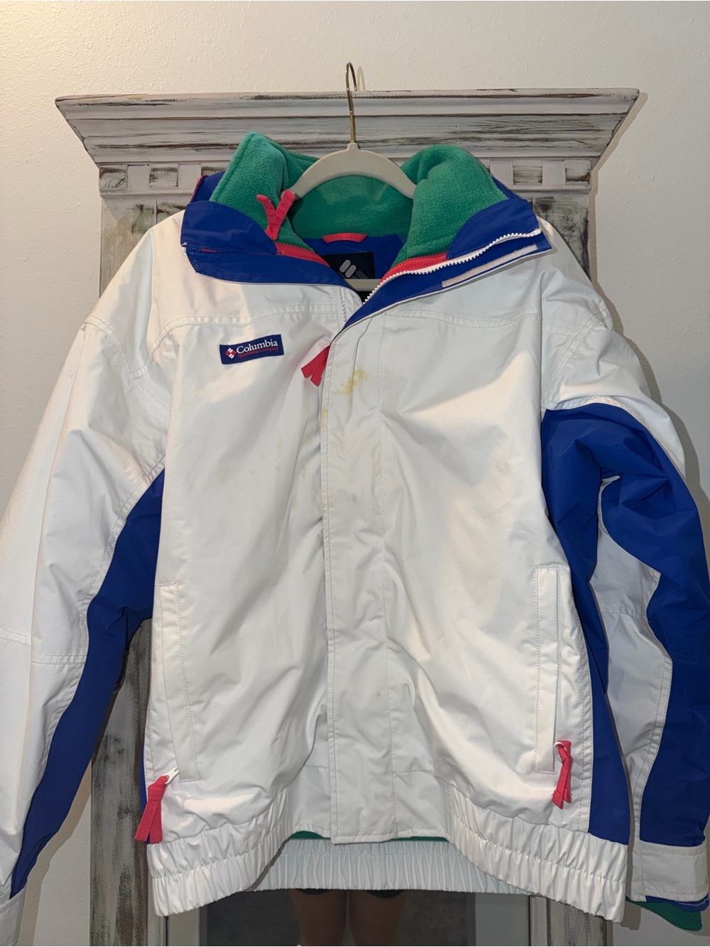 Columbia Teal Green Fleece Jacket with Blue Shell and Pink Accents
